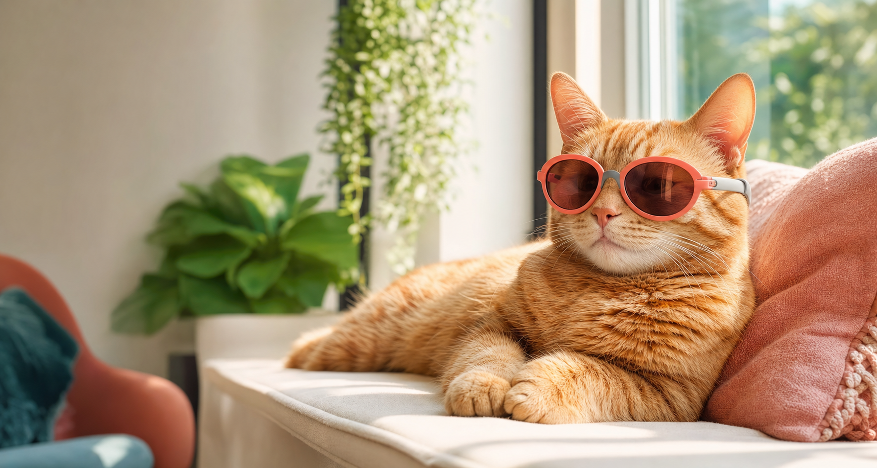 Cat lounging in a sunny window while wearing SunPaws sunglasses