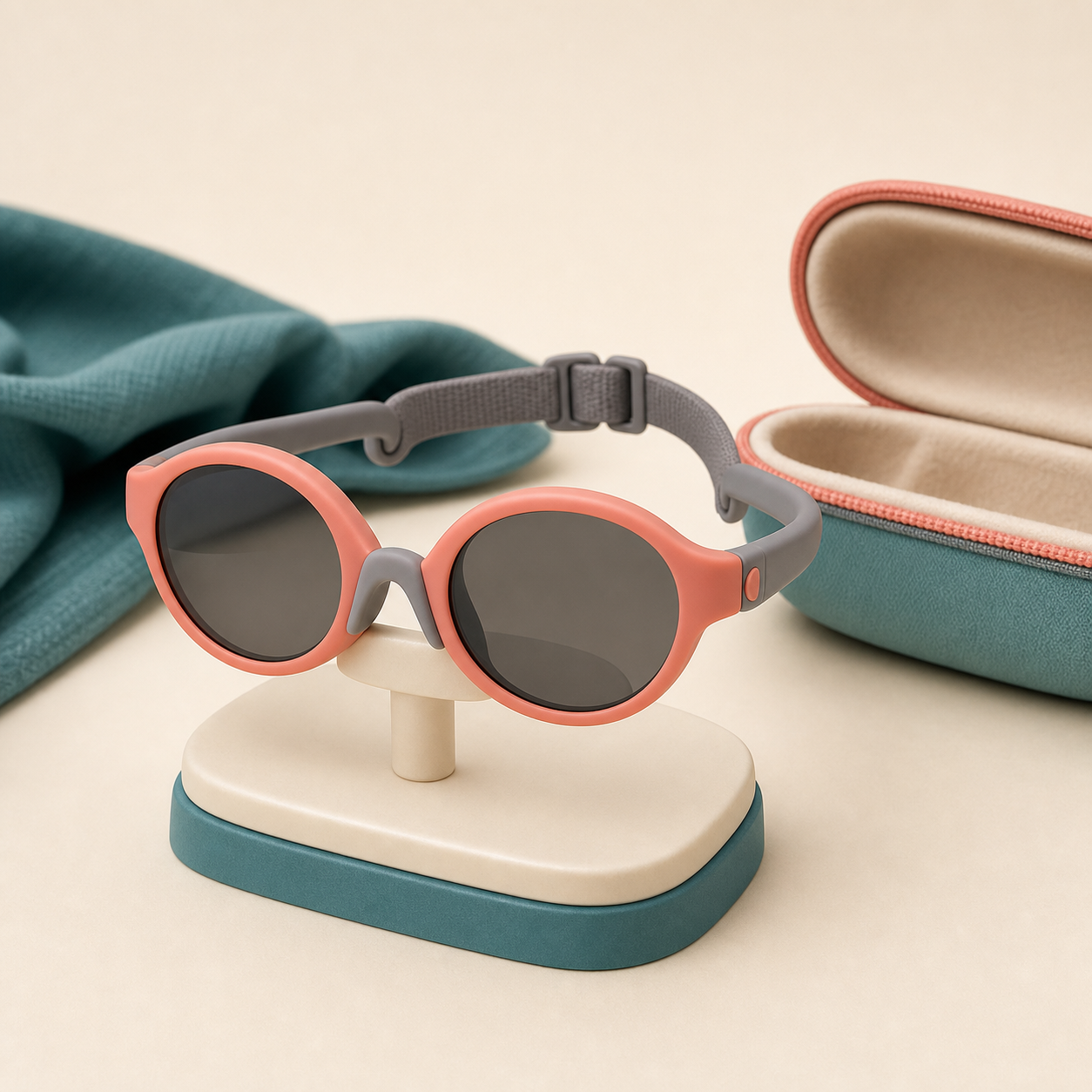 Coral cat sunglasses on a display stand with a soft teal case